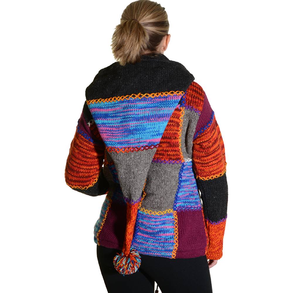 Kunst Und Magie Damen Strickjacke Goa Wolle Jacke mit Fleecefutter mit abnehmbarer Zipfelkapuze Osterangebot