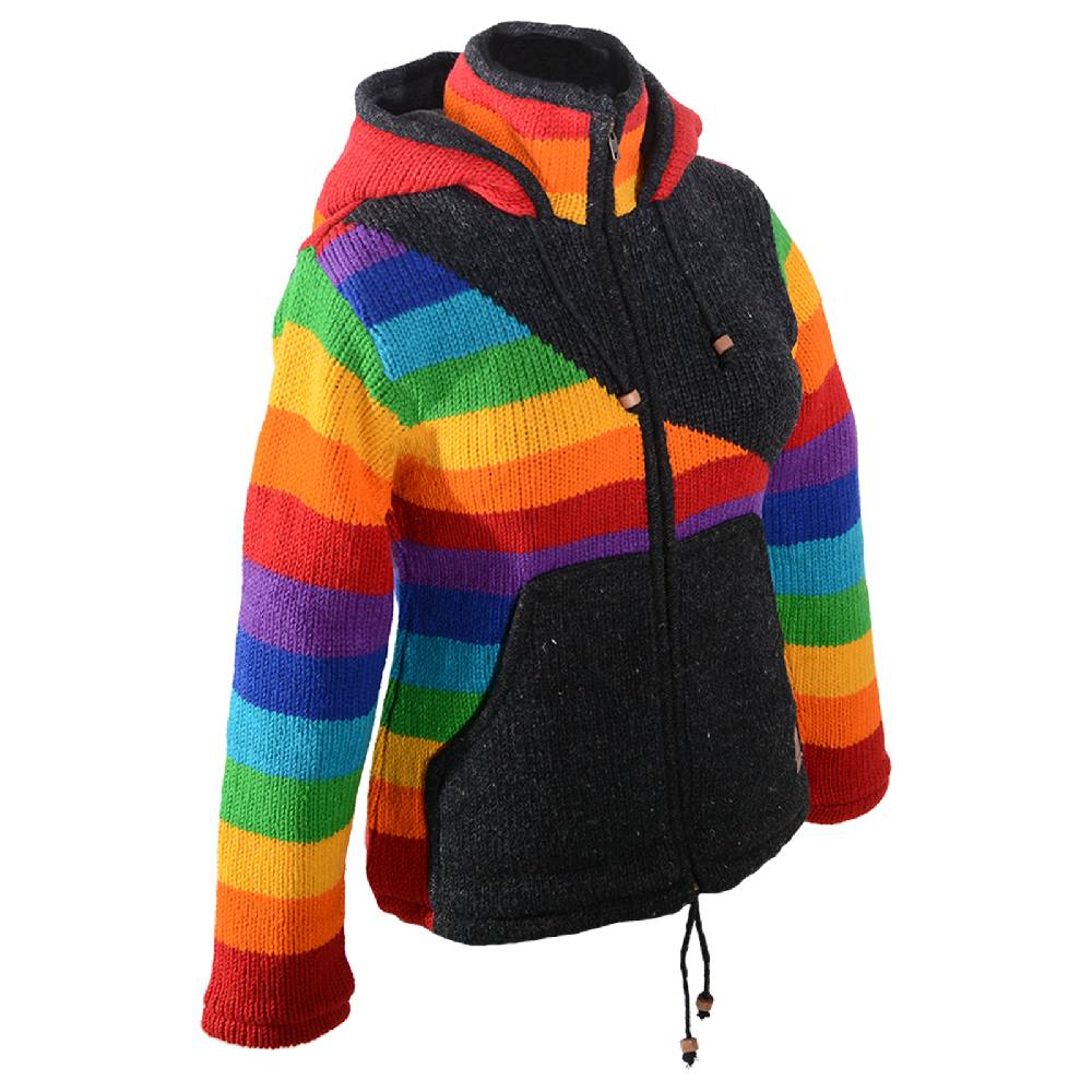 Kunst Und Magie Damen Goa Winter Strickjacke Wolle Fleecefutter abnehmbarer Zipfelkapuze Schwarz/Regenbogen Muttertagsangebot