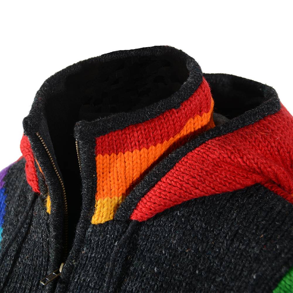 Kunst Und Magie Damen Goa Winter Strickjacke Wolle Fleecefutter abnehmbarer Zipfelkapuze Schwarz/Regenbogen Muttertagsangebot