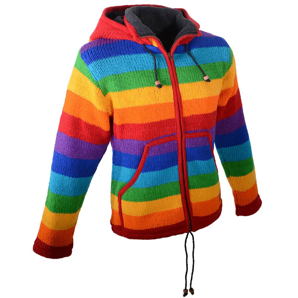 Kunst Und Magie Damen Regenbogen Strickjacke Goa Wolle Jacke mit Fleecefutter und abnehmbarer Zipfelkapuze Vatertagsangebot