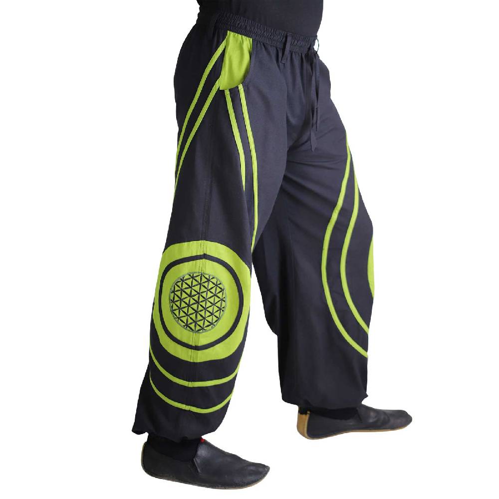 Kunst Und Magie Hose Blume des Lebens Goa Hippiehose Pluderhose mit Kordelzug Gürtelschlaufen Haremshose Flower of Life Valentinstagsangebot