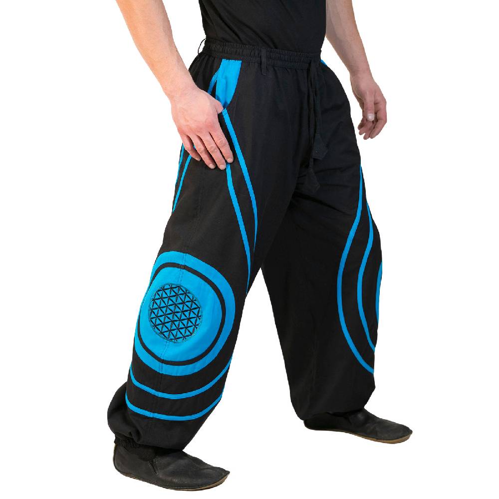 Kunst Und Magie Hose Blume des Lebens Goa Hippiehose Pluderhose mit Kordelzug Gürtelschlaufen Haremshose Flower of Life Valentinstagsangebot