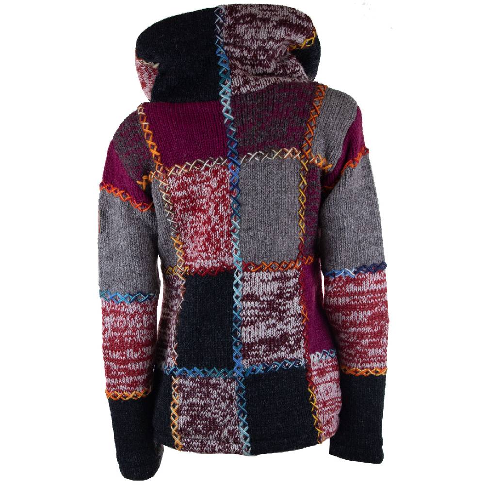 Kunst Und Magie Damen Strickjacke Goa Wolle Bunte Patchwork Winter Jacke mit Fleecefutter und Hochkragen Boho Große Rabatte