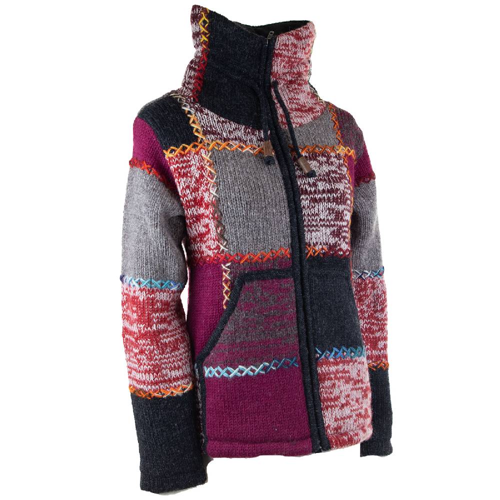 Kunst Und Magie Damen Strickjacke Goa Wolle Bunte Patchwork Winter Jacke mit Fleecefutter und Hochkragen Boho Große Rabatte