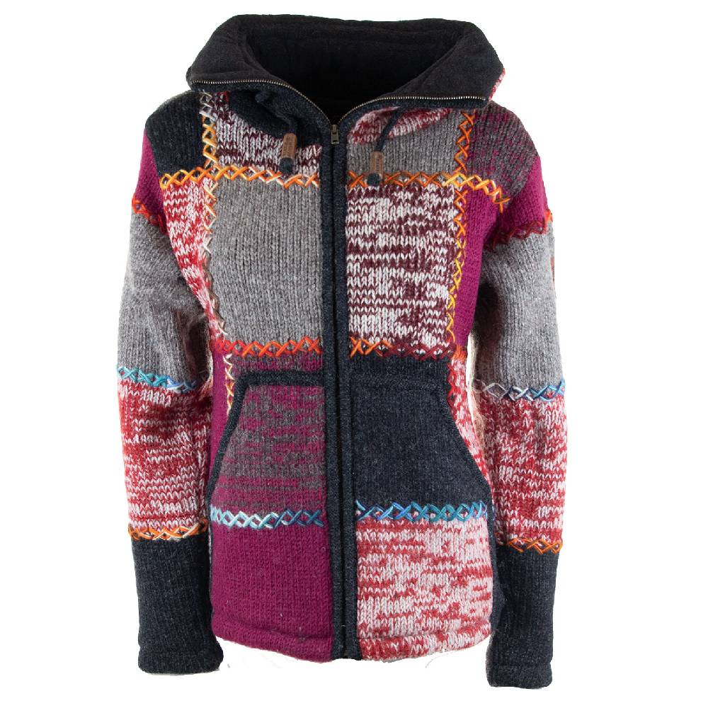 Kunst Und Magie Damen Strickjacke Goa Wolle Bunte Patchwork Winter Jacke mit Fleecefutter und Hochkragen Boho Große Rabatte