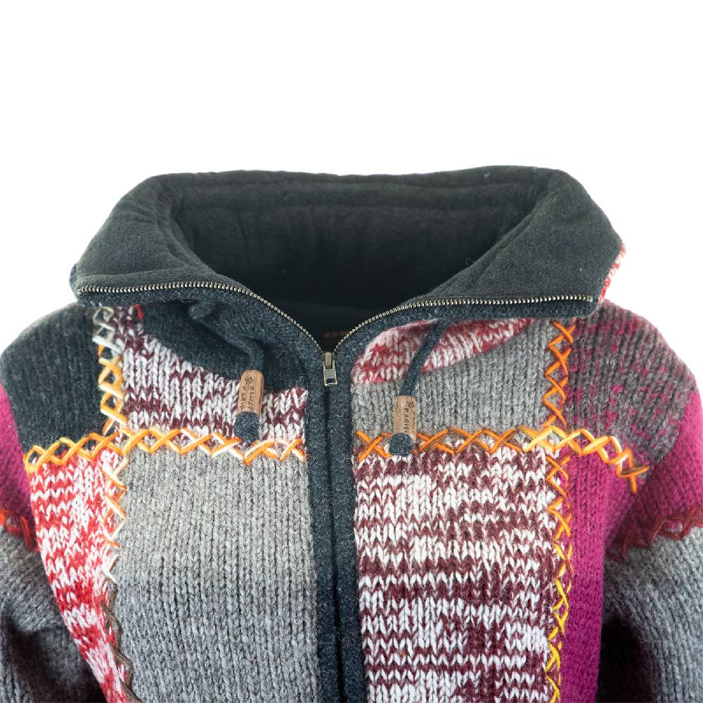 Kunst Und Magie Damen Strickjacke Goa Wolle Bunte Patchwork Winter Jacke mit Fleecefutter und Hochkragen Boho Große Rabatte