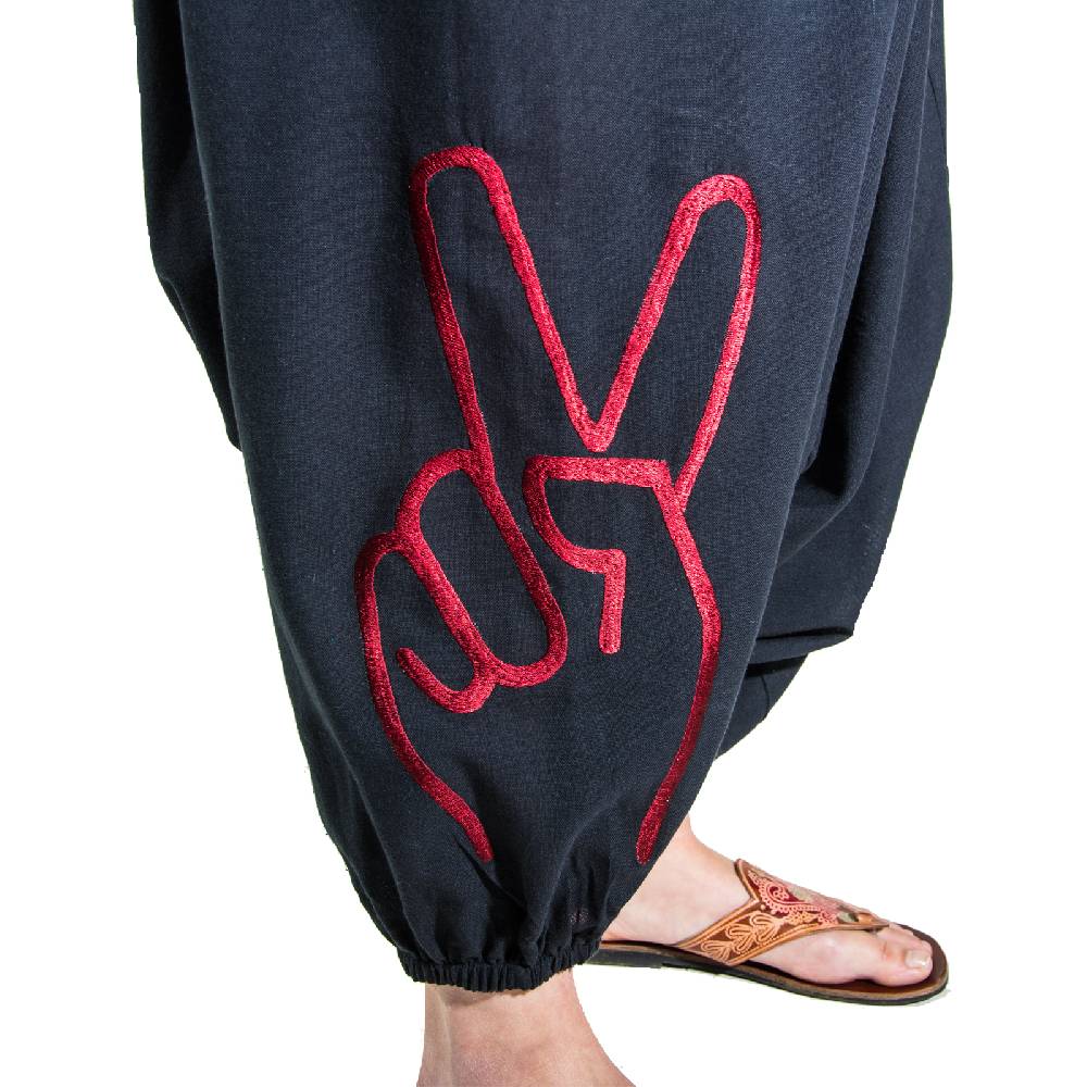 Kunst Und Magie Kunst und Magie Damen Goa Haremshose mit Peace Finger Symbol Letzter Tag