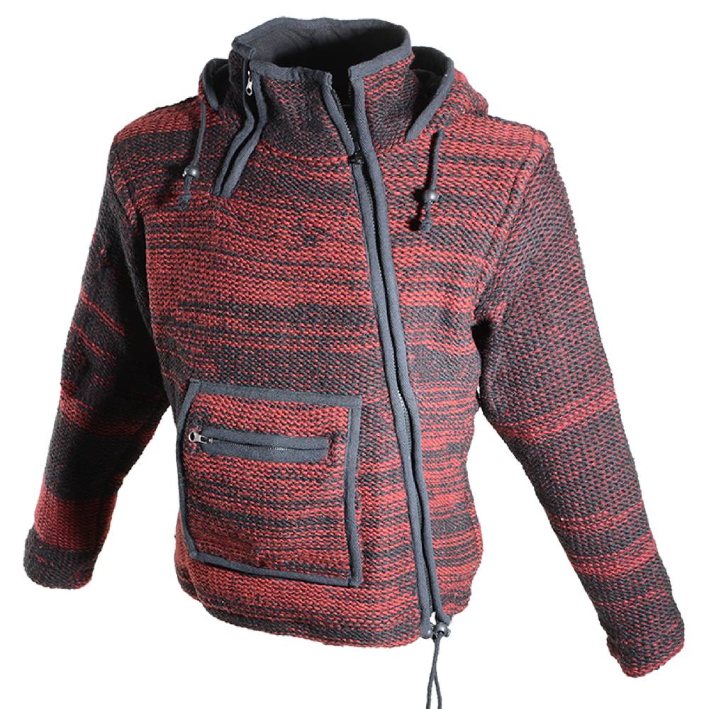 Kunst Und Magie Damen Wolljacke Hippie Goa Strickjacke mit Fleecefutter und Kapuze Schwarz/Rot Zeitlich begrenztes Angebot