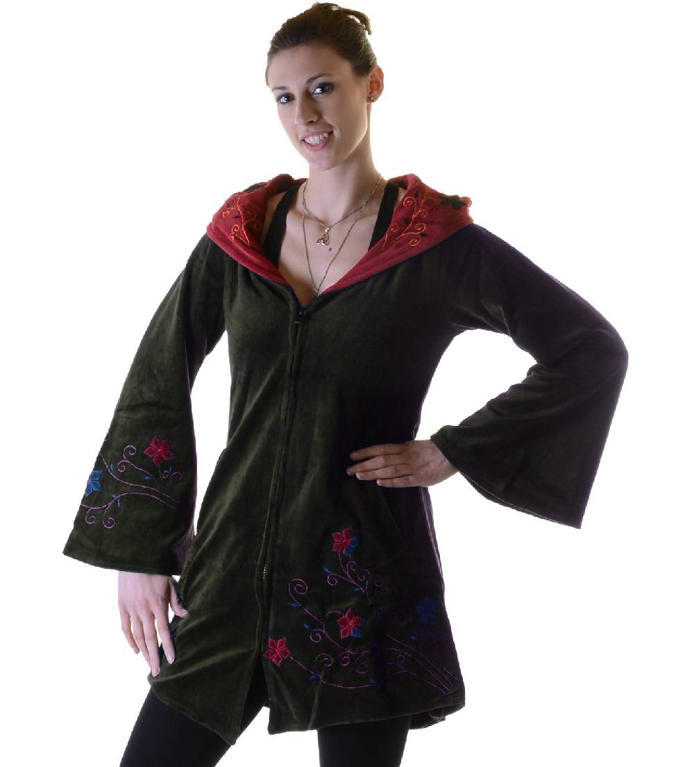 Kunst Und Magie Elfenhafte Samtjacke mit Zipfelkapuze mit Blumenstickerei Bestseller