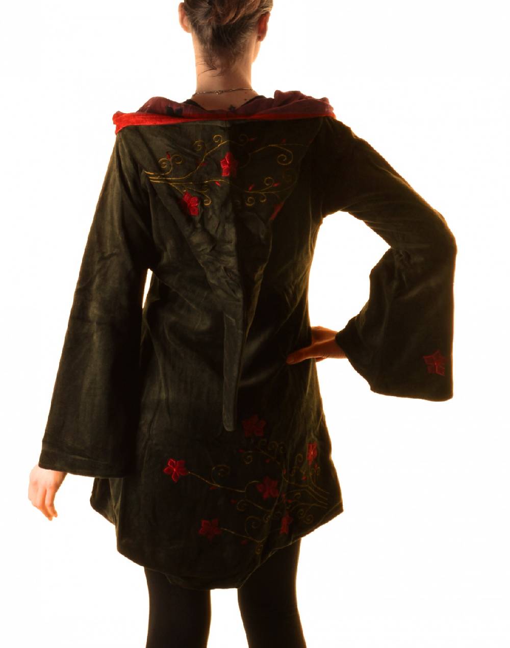 Kunst Und Magie Elfenhafte Samtjacke mit Zipfelkapuze mit Blumenstickerei Bestseller