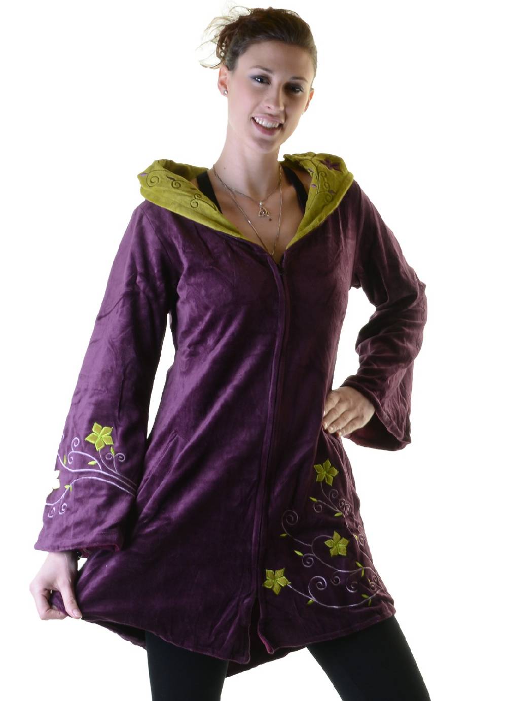 Kunst Und Magie Elfenhafte Samtjacke mit Zipfelkapuze mit Blumenstickerei Bestseller