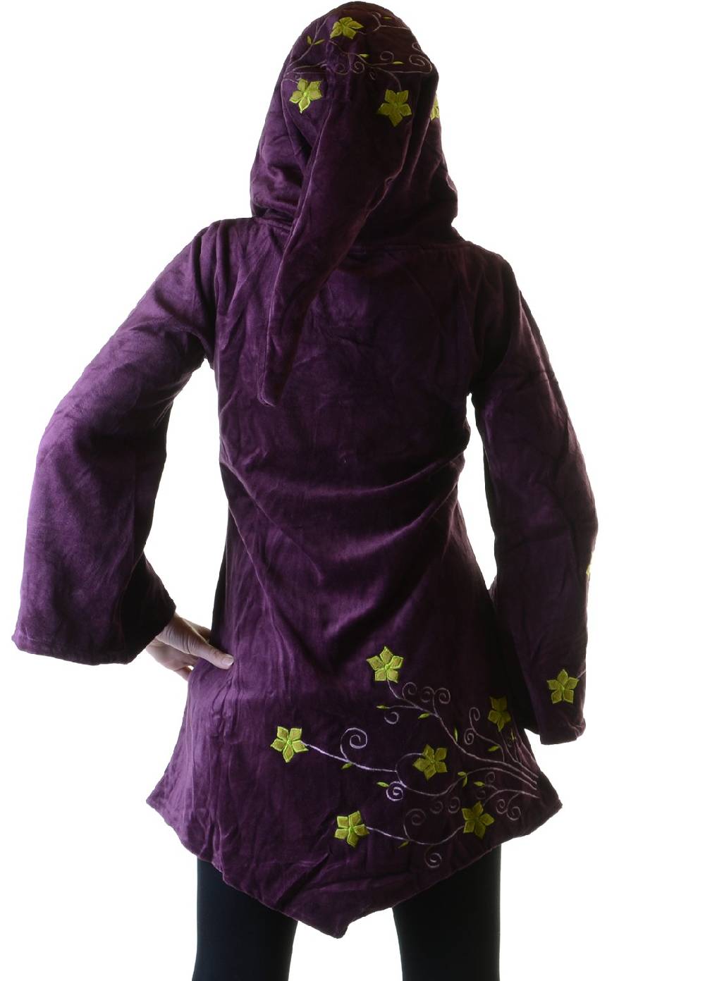 Kunst Und Magie Elfenhafte Samtjacke mit Zipfelkapuze mit Blumenstickerei Bestseller