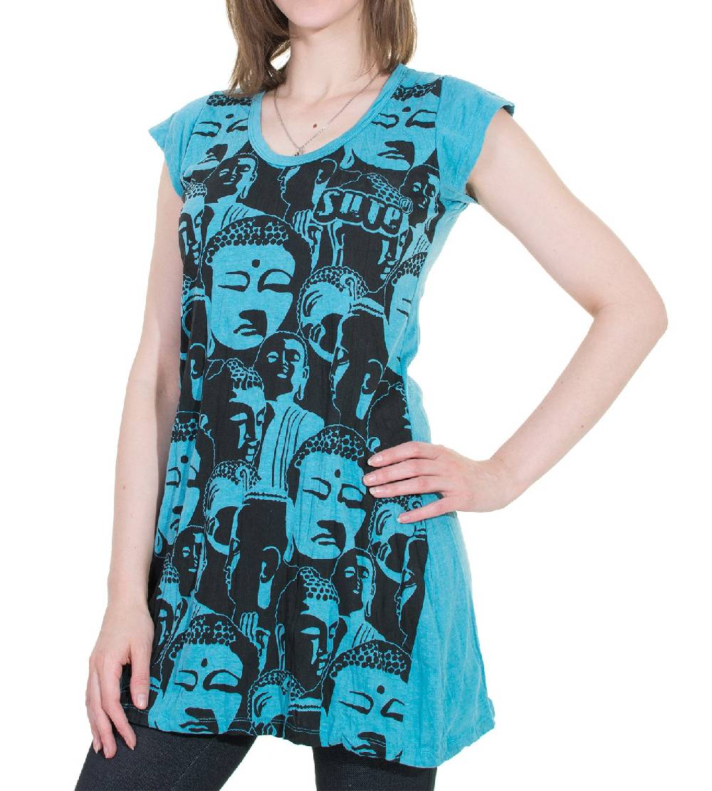 Kunst Und Magie 70er Retro Longshirt Minikleid Sure Psy Goa T-Shirt mit Buddha Köpfen Bis zu 50% Rabatt