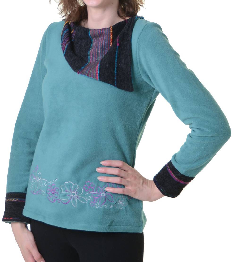 Kunst Und Magie Fleecepullover mit Blumenmustern und auffälligem Baumwoll-Kragen - Damen Oberteil Hippie Goa Boho Überzieher Online Shopping