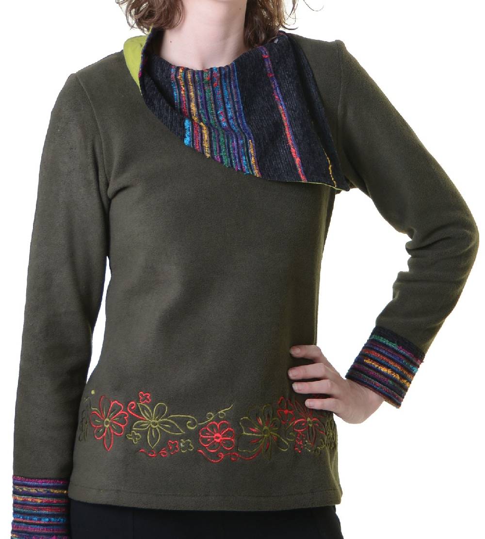 Kunst Und Magie Fleecepullover mit Blumenmustern und auffälligem Baumwoll-Kragen - Damen Oberteil Hippie Goa Boho Überzieher Online Shopping
