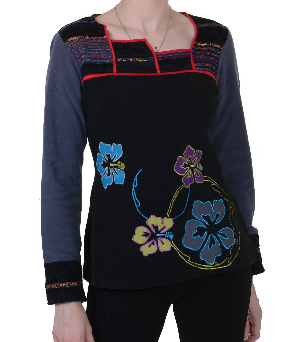 Kunst Und Magie Fleeceoberteil mit wunderschönem Blumenstick für hippe Damen Boho Hippie Goa Psy Exklusivangebot