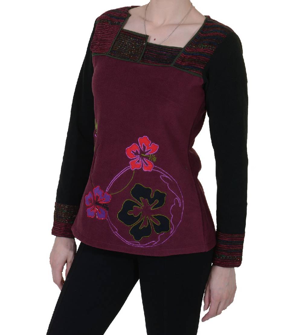 Kunst Und Magie Fleeceoberteil mit wunderschönem Blumenstick für hippe Damen Boho Hippie Goa Psy Exklusivangebot