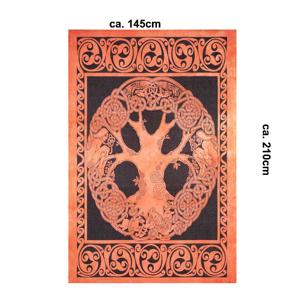 Kunst Und Magie Dekotuch Tagesdecke Wandbehang Celtic Lebensbaum Ygdrasül Tuch Keltisch Orange ca.210x145cm Schlussverkauf
