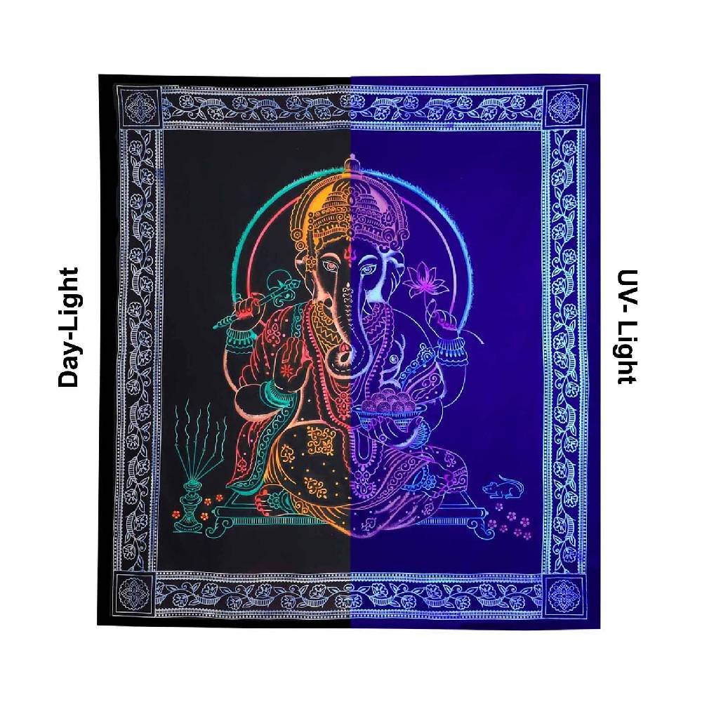 Kunst Und Magie UV Tuch Ganesha Tagesdecke Wandbehang Deko Meditation UV Schwarzlicht ca. 200 x 135 cm Günstig kaufen