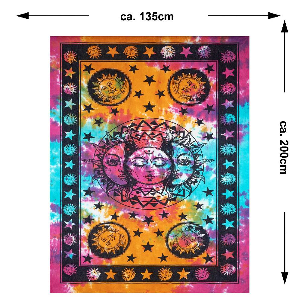 Kunst Und Magie Tagesdecke Wandbehang Bunt Deko Tuch Sonne Mond und Sterne Goa Hippie ca.200 x 140cm Großer Ausverkauf