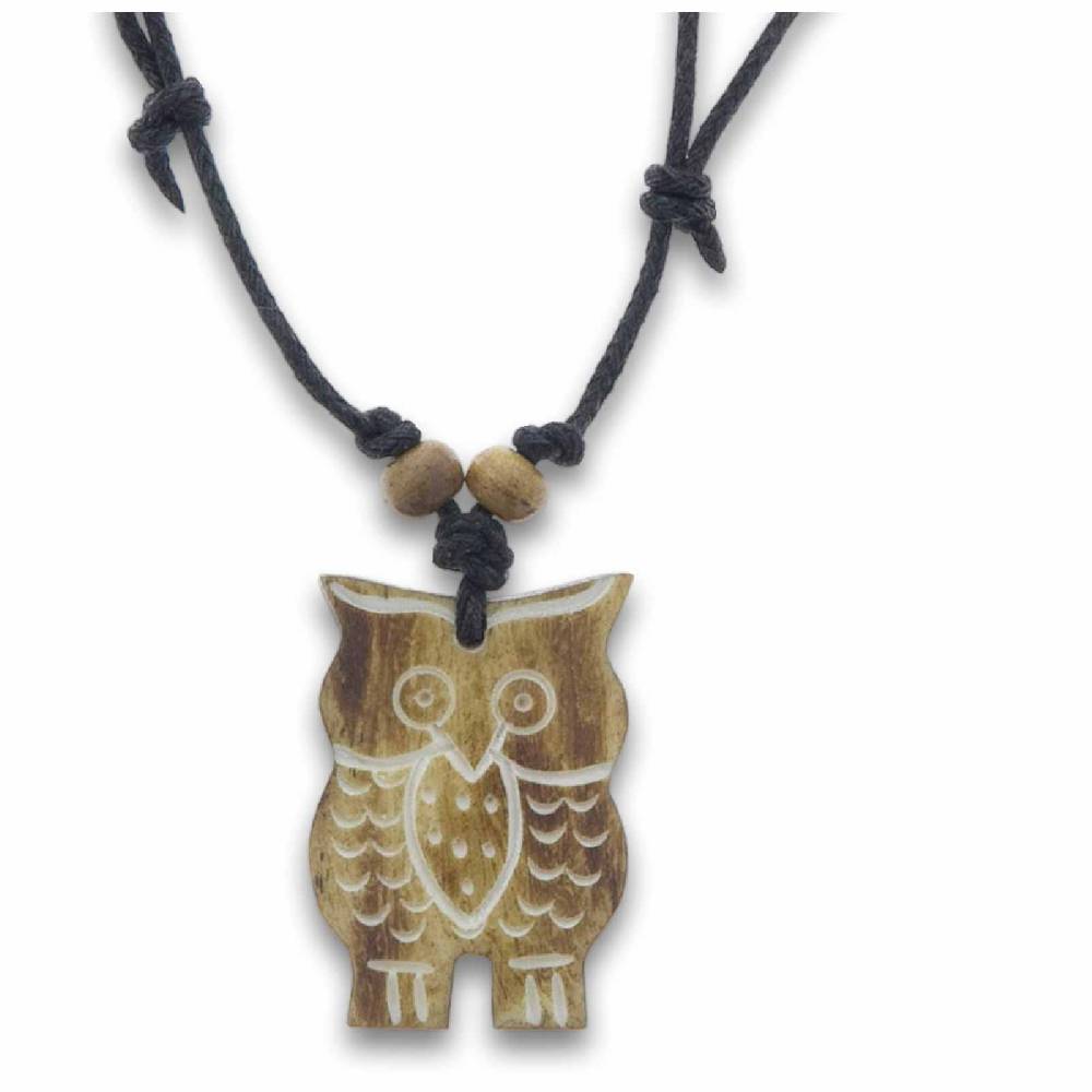 Kunst Und Magie Amulett Anhänger Talisman Eule Handgeschnitzt mit Textilband Schutz und Weisheit