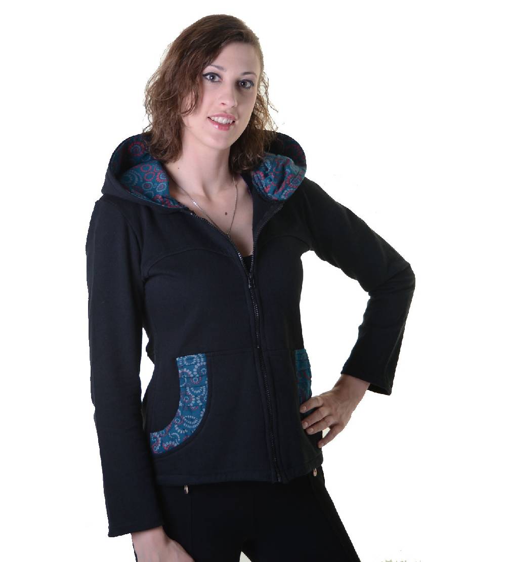 Kunst Und Magie Trendige Baumwolljacke für Damen mit Goa-Mustern - Hippie Jacke Fleecefutter mit Kapuze Kauf eins, bekomm eins gratis