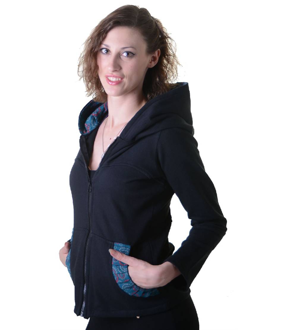 Kunst Und Magie Trendige Baumwolljacke für Damen mit Goa-Mustern - Hippie Jacke Fleecefutter mit Kapuze Kauf eins, bekomm eins gratis