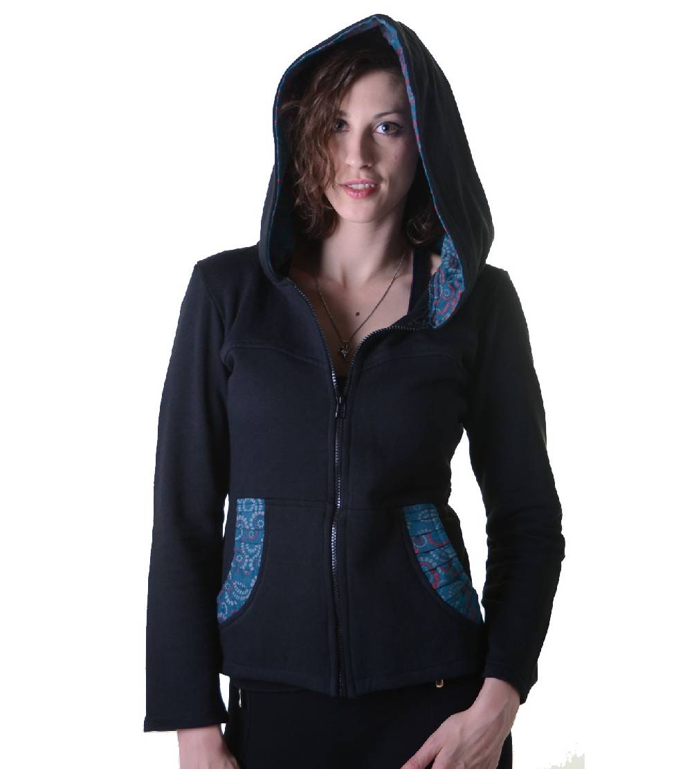 Kunst Und Magie Trendige Baumwolljacke für Damen mit Goa-Mustern - Hippie Jacke Fleecefutter mit Kapuze Kauf eins, bekomm eins gratis