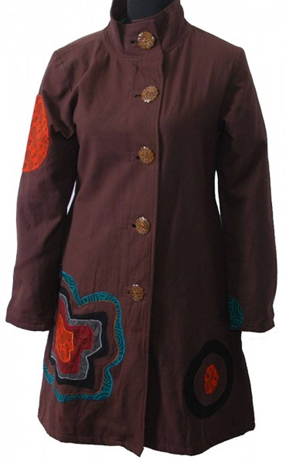 Kunst Und Magie Boho Mantel / Jacke Goa Psy Hippie mit Patchwork-Blume braun Sonderangebote