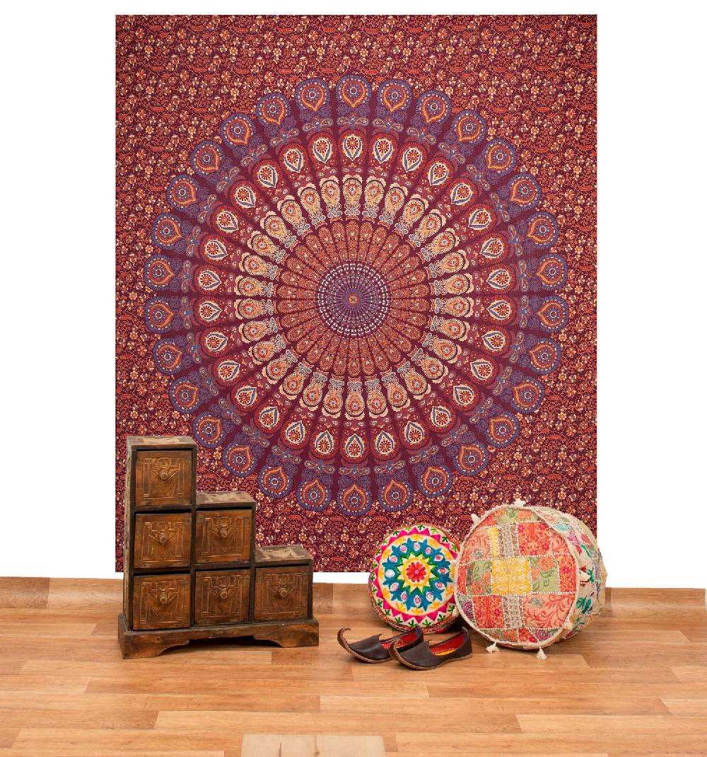 Kunst Und Magie Tagesdecke Wandbehang Mandala Deko Tuch Peacock Pfau XL ca. 200 x 230cm