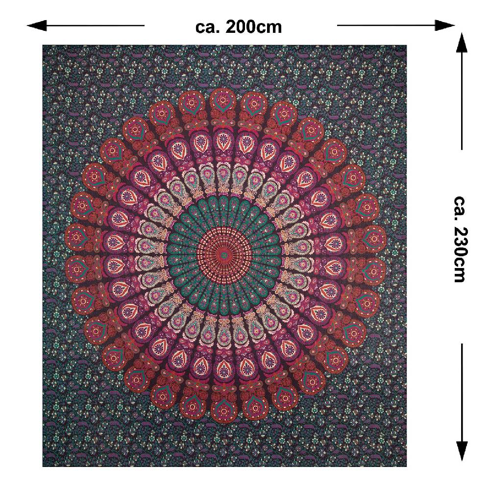 Kunst Und Magie Tagesdecke Wandbehang Mandala Deko Tuch Peacock Pfau XL ca. 200 x 230cm Black Friday