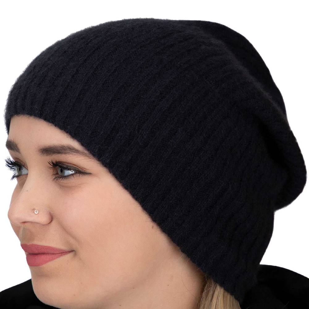 Kunst Und Magie Long Slouch Beanie Mütze aus Kashmir Wolle Wollmütze Unisex für Sie und Ihn Schwarz gerippt Begrenzt auf 3 Tage