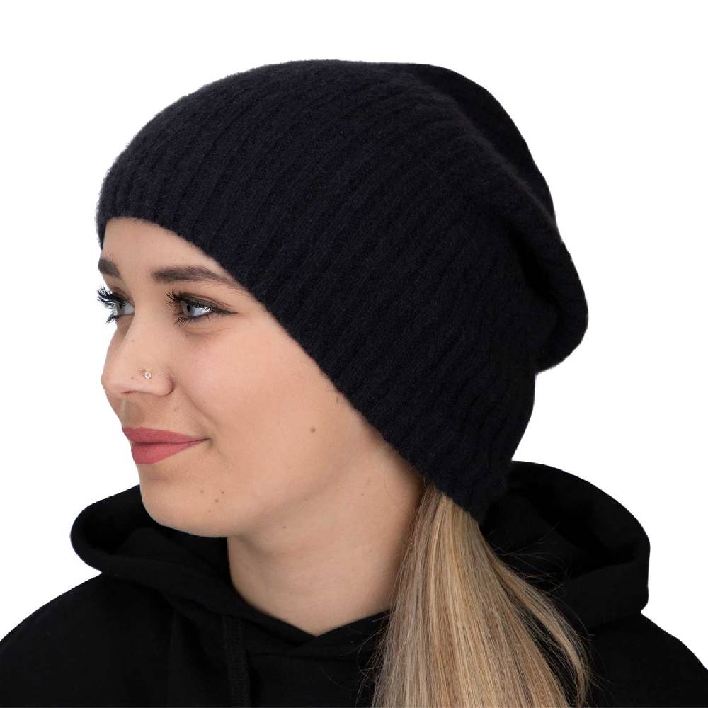 Kunst Und Magie Long Slouch Beanie Mütze aus Kashmir Wolle Wollmütze Unisex für Sie und Ihn Schwarz gerippt Begrenzt auf 3 Tage