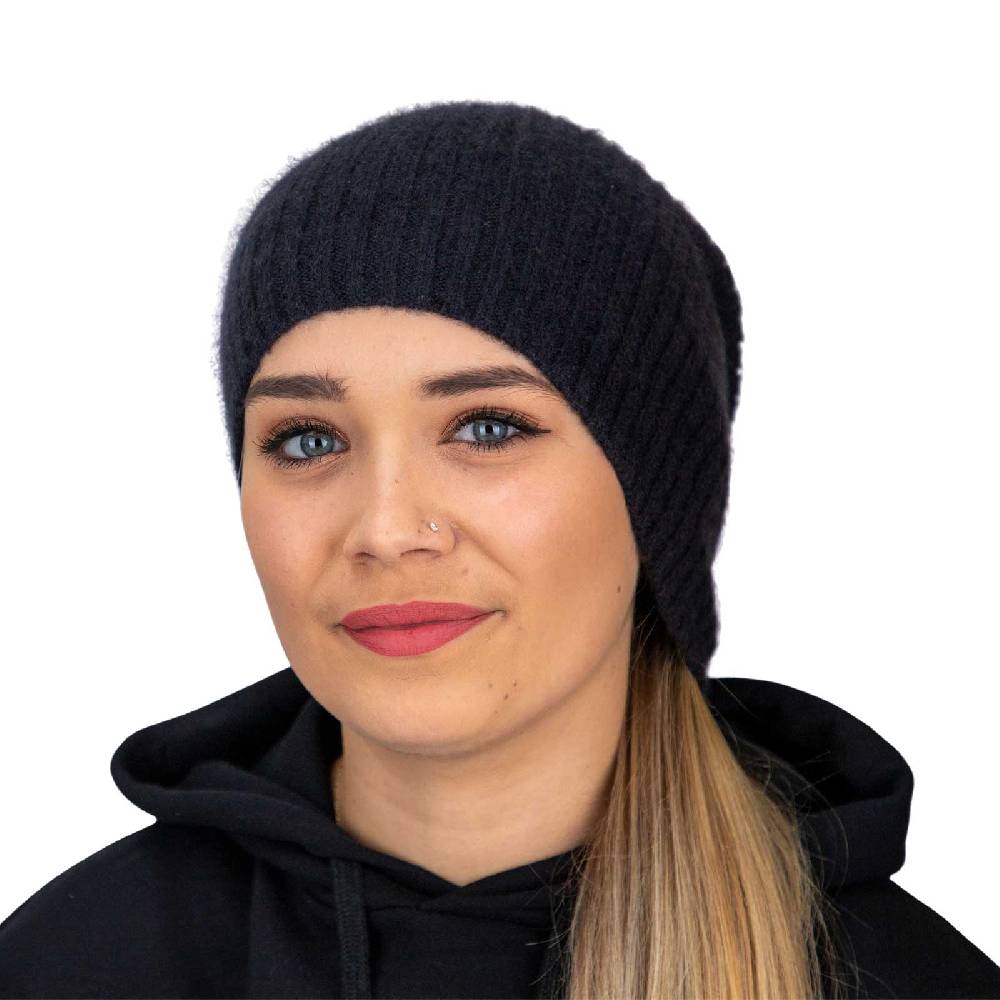 Kunst Und Magie Long Slouch Beanie Mütze aus Kashmir Wolle Wollmütze Unisex für Sie und Ihn Schwarz gerippt Begrenzt auf 3 Tage