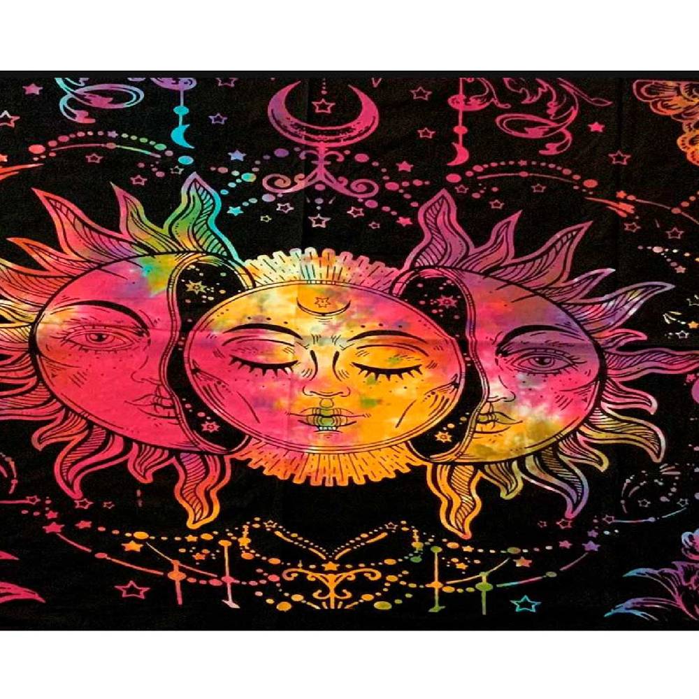 Kunst Und Magie Tagesdecke Wandbehang Bunt Deko Tuch Sonne Mond und Sterne Goa Hippie ca.200 x 140cm Letzte 3 Tage