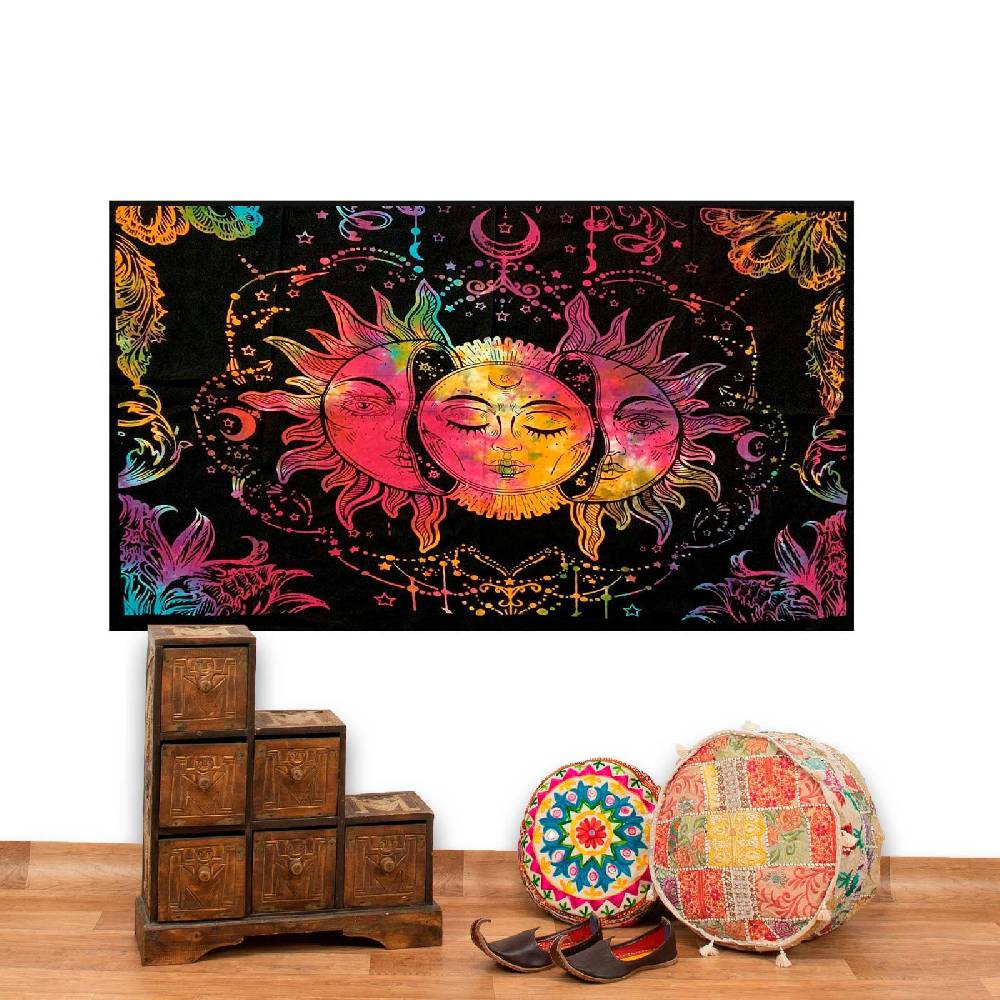 Kunst Und Magie Tagesdecke Wandbehang Bunt Deko Tuch Sonne Mond und Sterne Goa Hippie ca.200 x 140cm Letzte 3 Tage