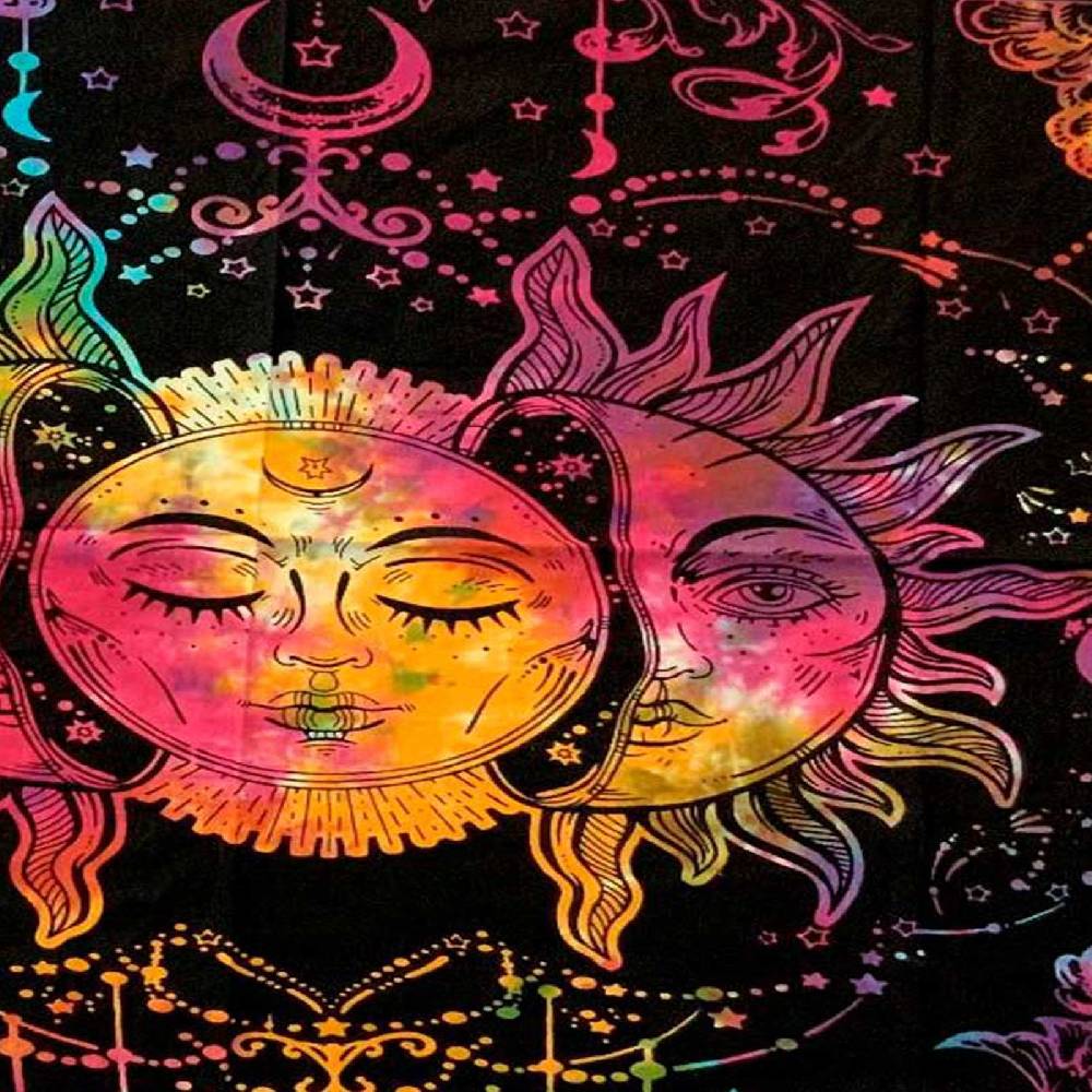 Kunst Und Magie Tagesdecke Wandbehang Bunt Deko Tuch Sonne Mond und Sterne Goa Hippie ca.200 x 140cm Letzte 3 Tage