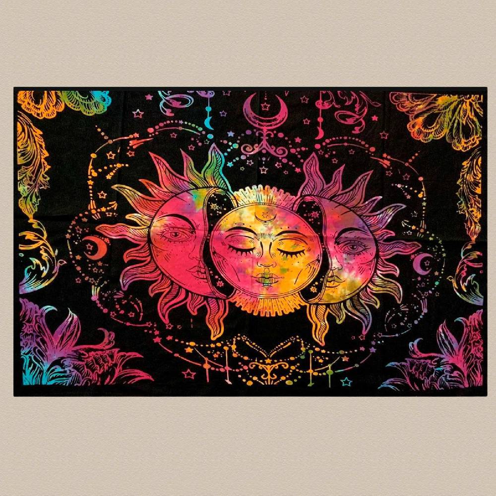 Kunst Und Magie Tagesdecke Wandbehang Bunt Deko Tuch Sonne Mond und Sterne Goa Hippie ca.200 x 140cm Letzte 3 Tage