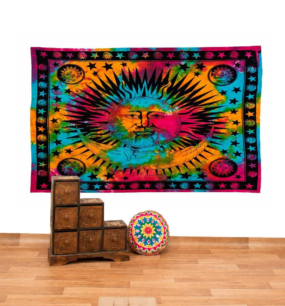 Kunst Und Magie Tagesdecke Wandbehang Bunt Deko Tuch Sonne Mond und Sterne Goa Hippie ca.200 x 140cm Bis zu 60% Rabatt
