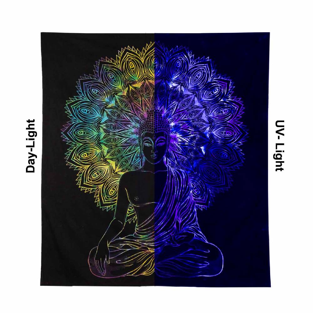 Kunst Und Magie UV Tuch Buddha Tagesdecke Wandbehang Deko Meditation UV Schwarzlicht ca. 200 x 135 cm Sonderangebot der Fabrik