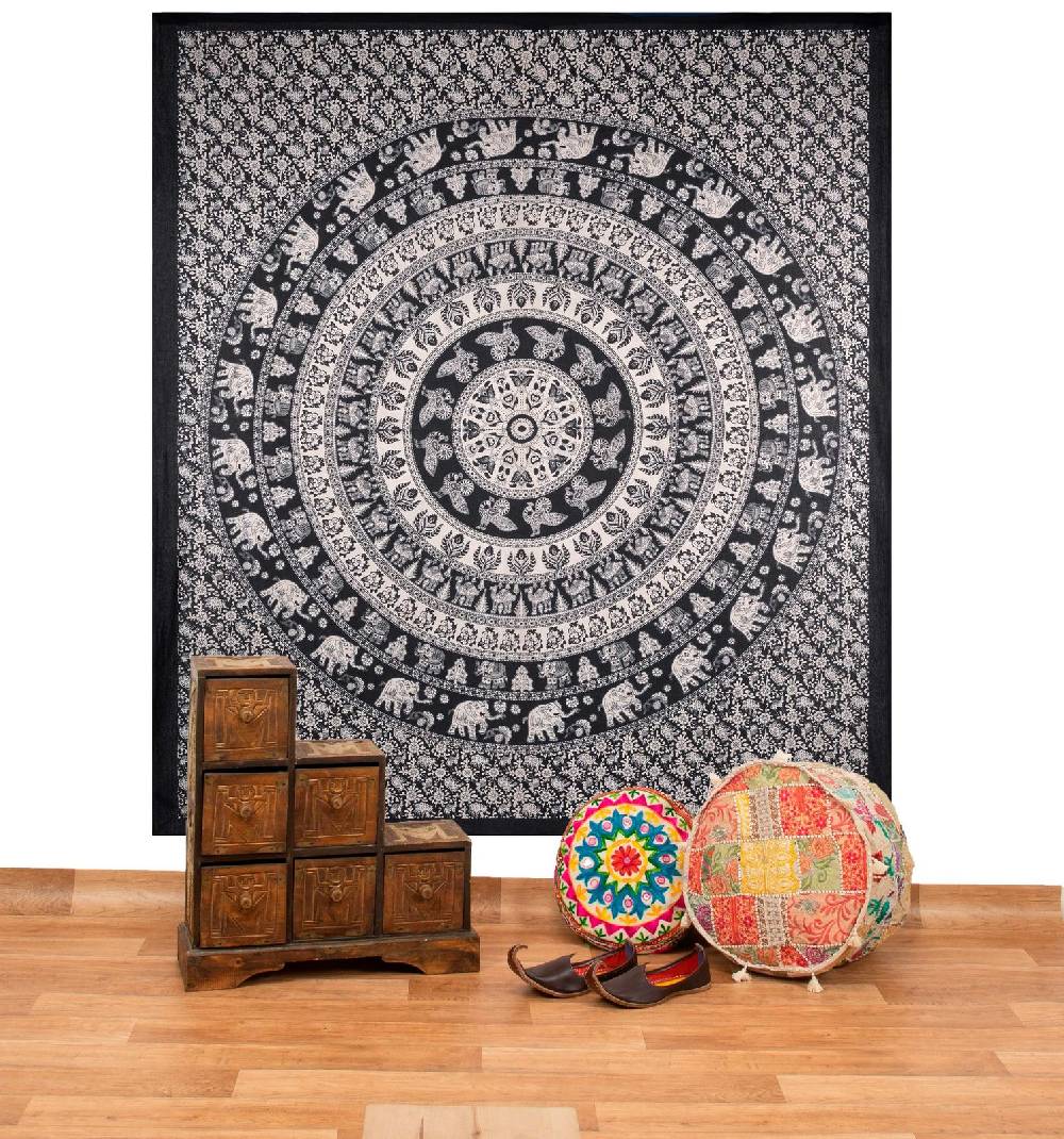 Kunst Und Magie Kunst und Magie Tagesdecke Wandbehang Deko Tuch Elefant Mandala ca. 210 x 235 cm