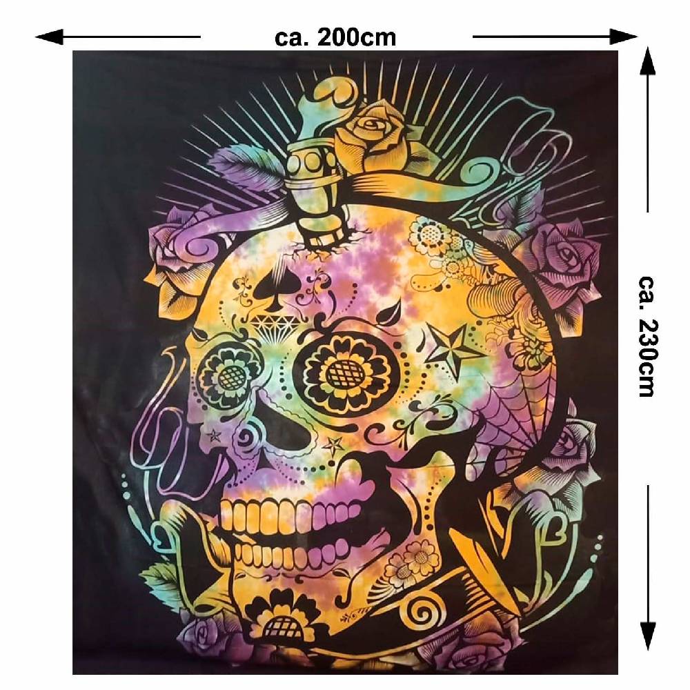 Kunst Und Magie Tagesdecke Wandbehang Totenkopf Deko Tuch Sugar Skull Rose Tattoo Multicolour XL ca. 200 x 230cm Kostenloser Versand