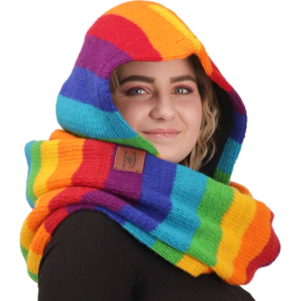 Kunst Und Magie Damen Kapuzenschal Loop Schal Hoodie Schalmütze Poncho Regenbogenfarben aus Wolle gestrickt Strick Kapuze Blitzangebot