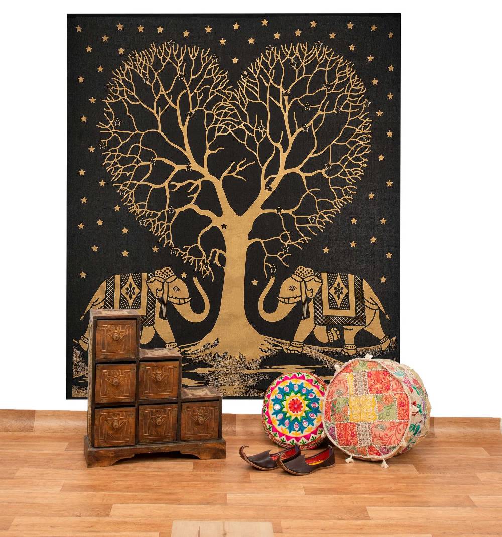 Kunst Und Magie Tagesdecke Wandbehang Deko Tuch Goldener Liebes Baum Love Tree Elefant ca. 200 x 230cm XL Neueste Stile