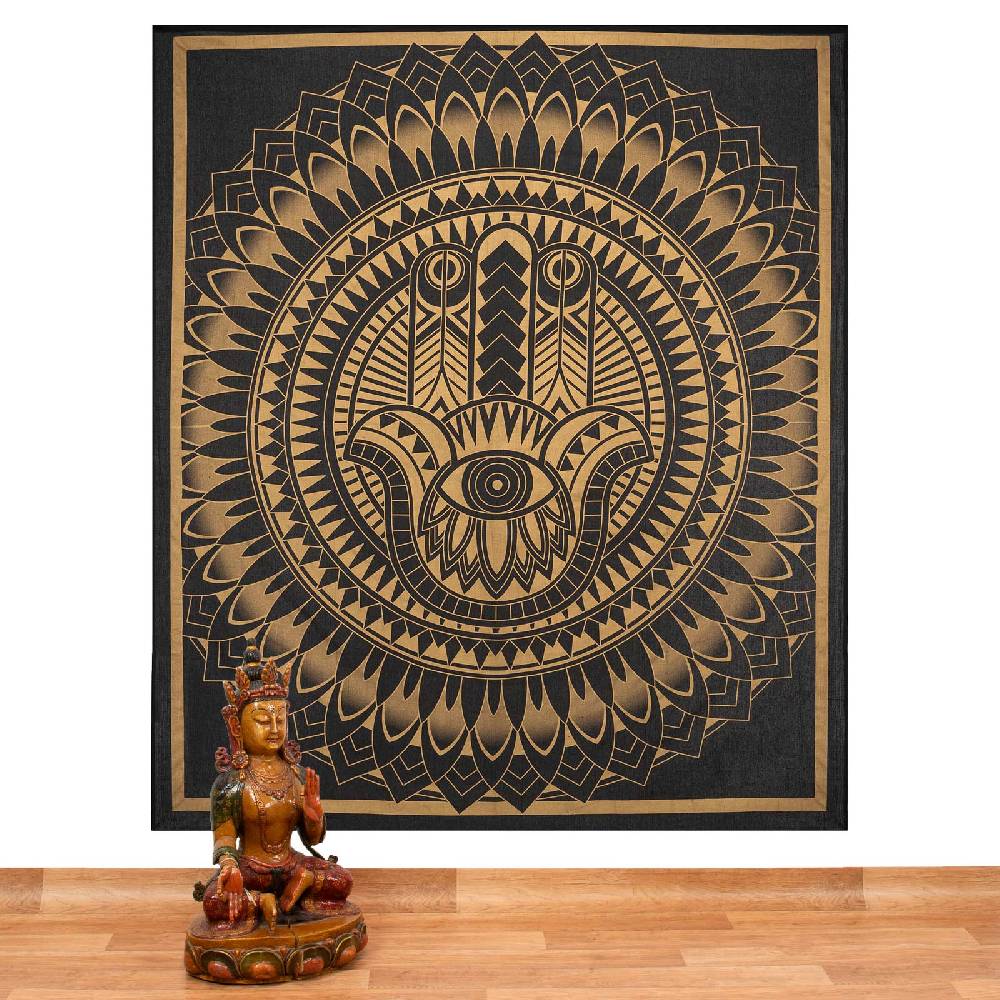 Kunst Und Magie Kunst und Magie Tagesdecke Wandbehang Deko Tuch HAMSA Gold ca. 200 x 230cm Letzter Tag