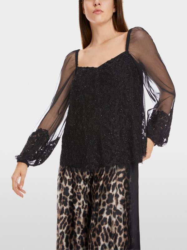 Marc Cain Spitzen-Bluse mit Perlen-Stickerei Großer Ausverkauf