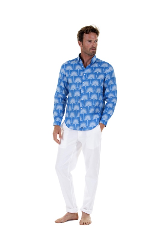 HERREN Leinenhemd Palme in himmelblau Fabrikverkauf