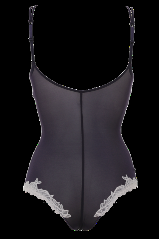 LINGERIE Brunico gefütterter String Body in Navy mit puderfarbener Spitze zollfrei