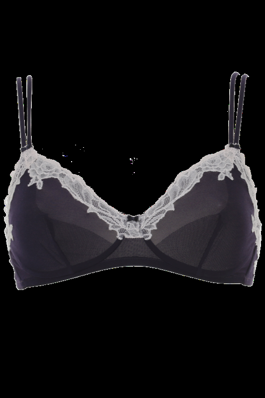 LINGERIE Bruxelles ungefütterter Triangle BH in Navy mit puderfarbener Spitze