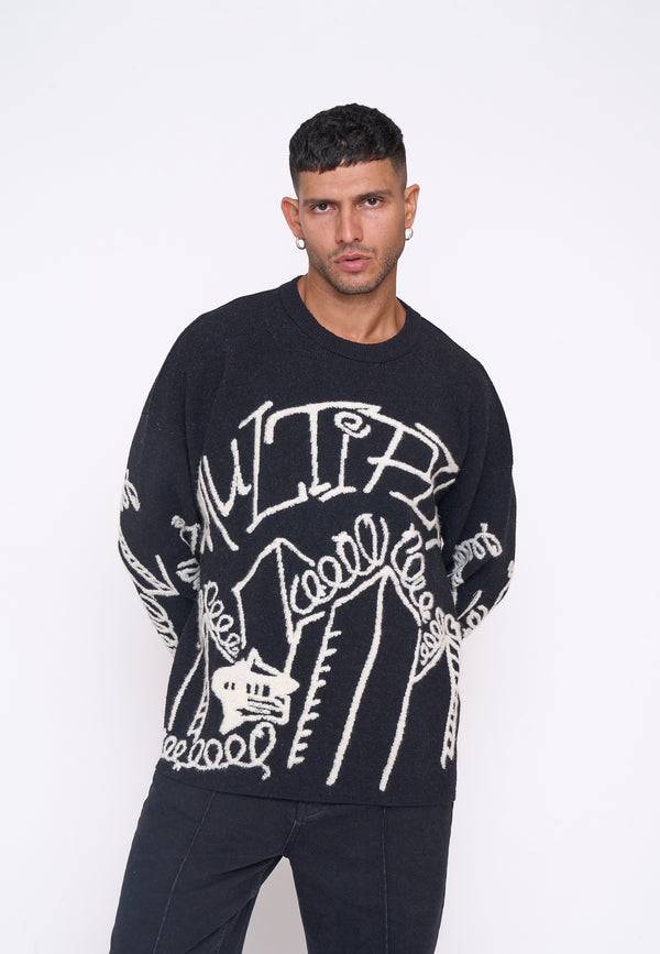 Multiply Spparel Oversize Knit Sweater DOWNTOWN Black Blitzangebot